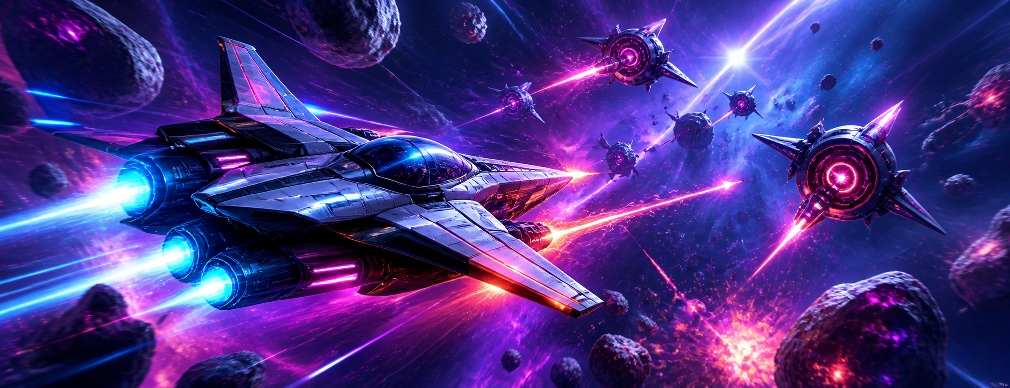 Futuristic starfighter in a neon space battle